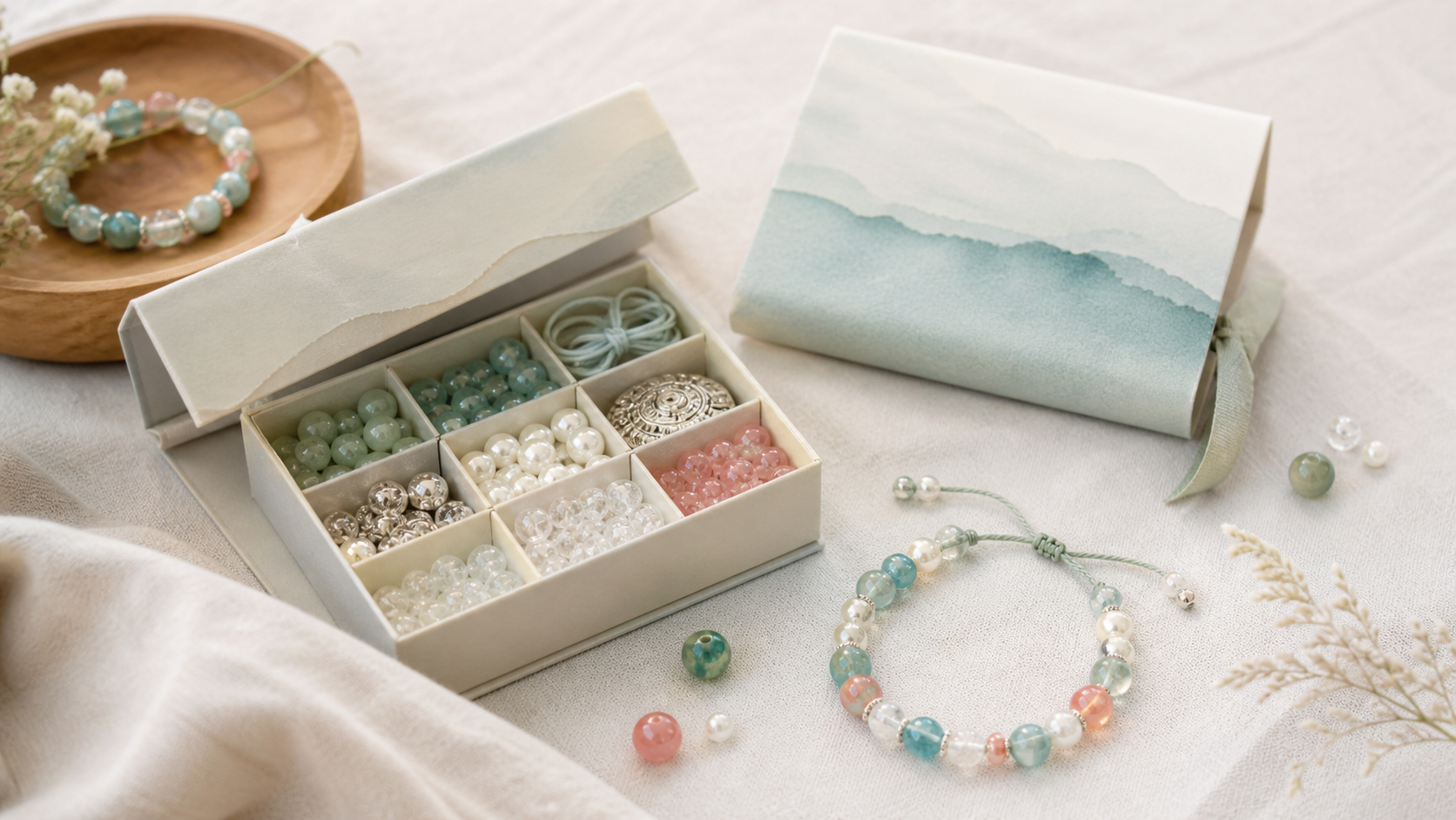 Handmade glass bead bracelet and DIY kit arranged on a warm studio tabletop
